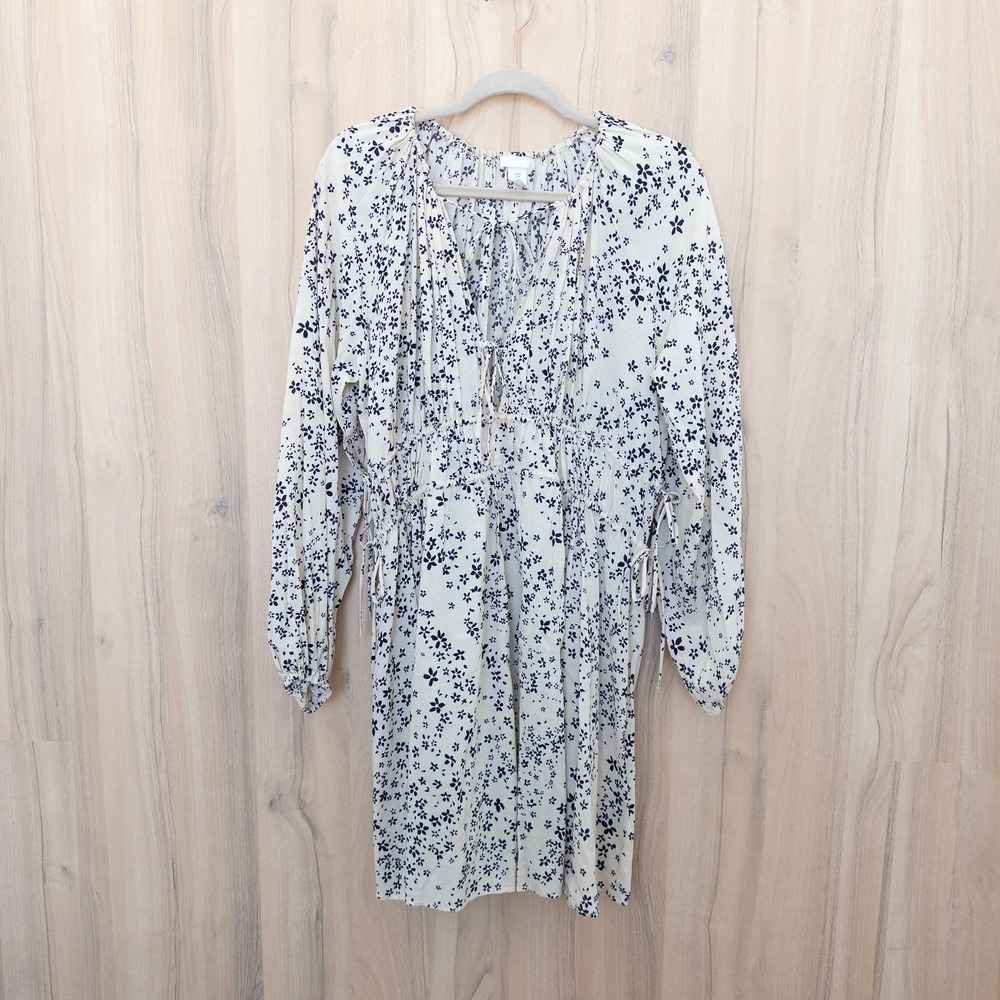 H&M Womens Floral Dress Size M Cream Long‎ Sleeve Tie Front Boho Peasant Cottage
